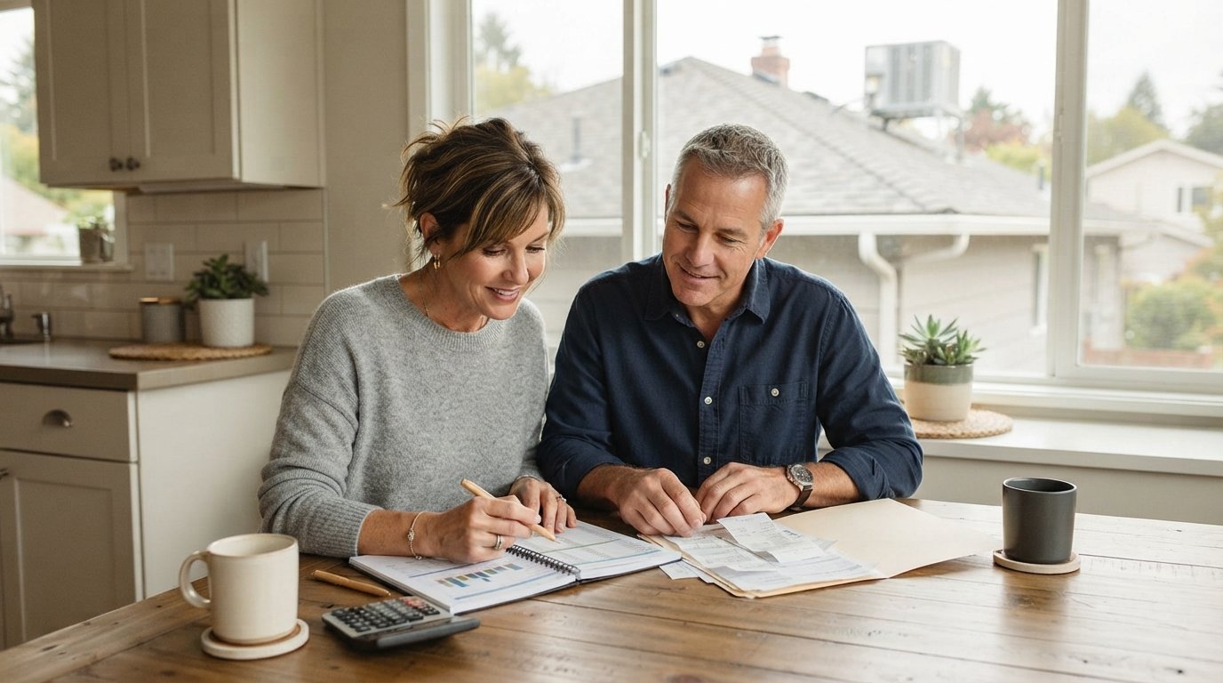 Couple reviewing a budget spreadsheet and home maintenance folder at a kitchen table with a calculator, pen, and coffee…