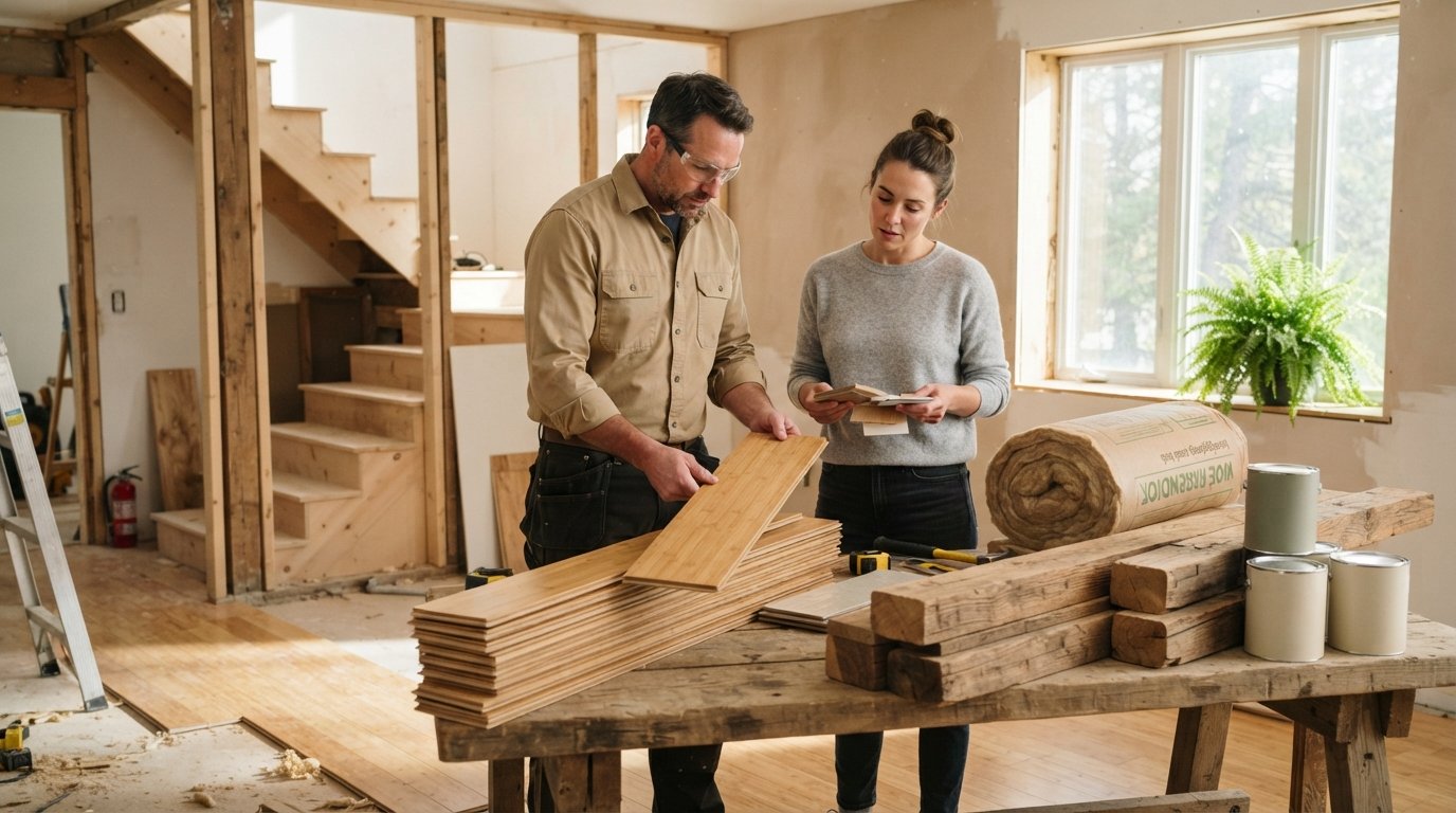 Contractor in safety glasses inspecting a bamboo plank beside stacked flooring, reclaimed beams, wool insulation, and…