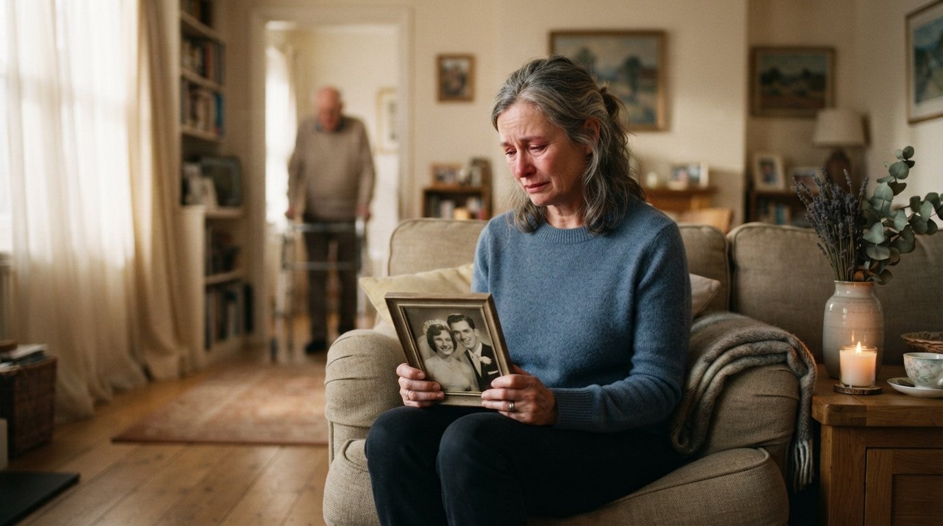 Middle-aged woman on a couch holds a framed wedding photograph, a blurred man with a walker visible through a doorway…