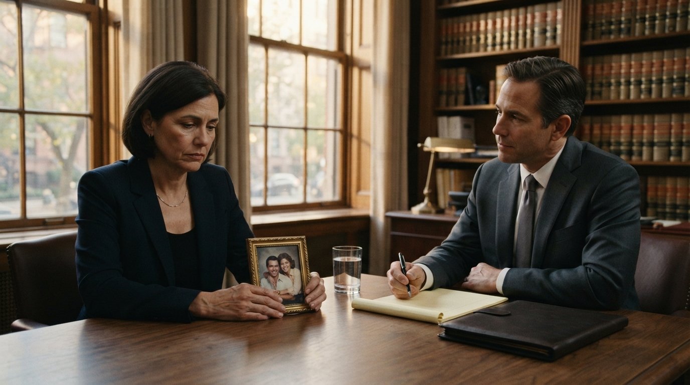 Woman in dark business attire holding a framed family photograph at a conference table across from an attorney with a legal…