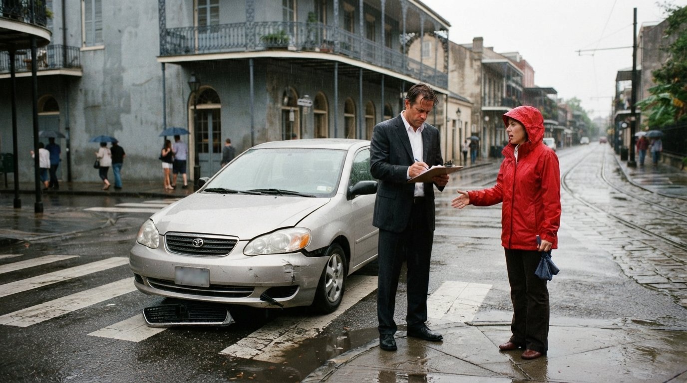 Driver in a suit reviews paperwork beside a damaged silver sedan at a wet New Orleans intersection as a woman in a red…
