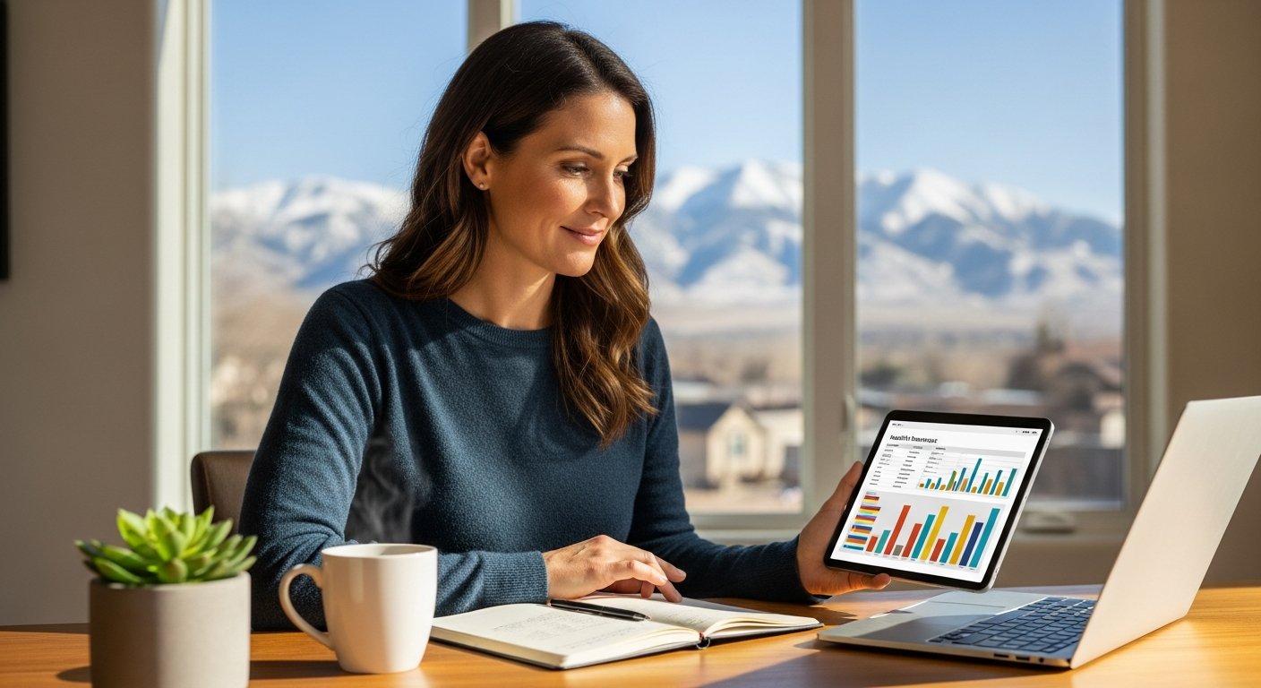 Smiling middle-aged woman in a Denver home office reviews a health insurance comparison chart on a tablet while sitting at…