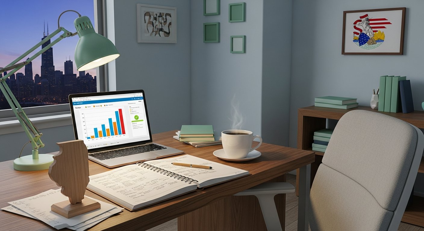 Young adult in casual professional attire sitting at wooden desk in home office, reviewing laptop screen with a chart, next…
