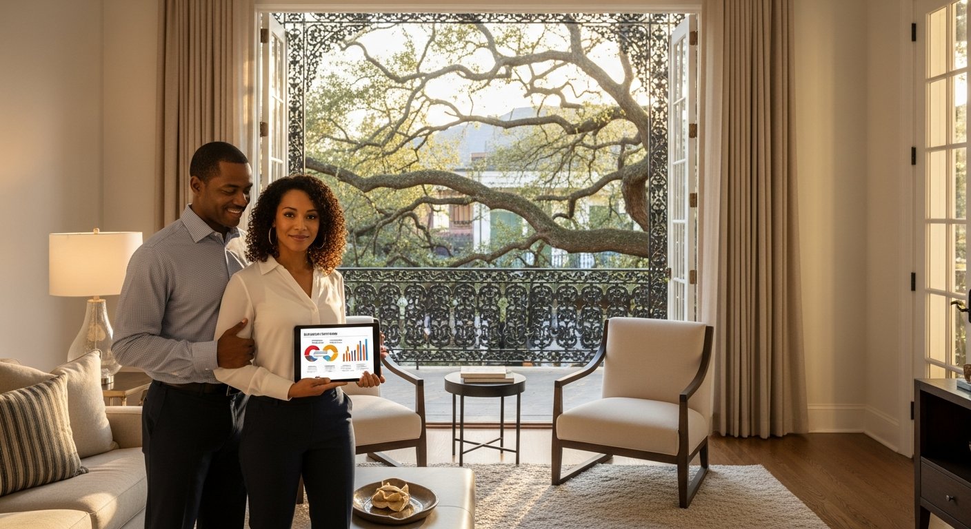 A Louisiana couple in casual business attire stands in a bright living room, smiling as they look at a tablet showing a…
