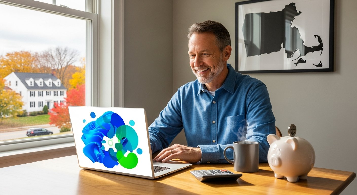 Smiling middle-aged man in casual button-down shirt sitting at home office desk, looking at laptop screen with blue and…
