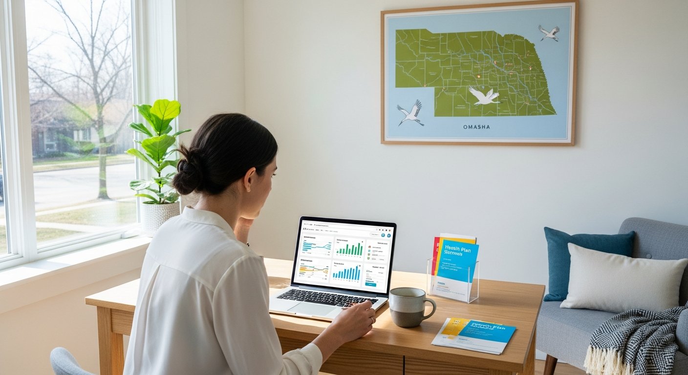 A woman in her thirties sits at a laptop in a sunlit home office, reviewing documents with a coffee mug nearby and a…