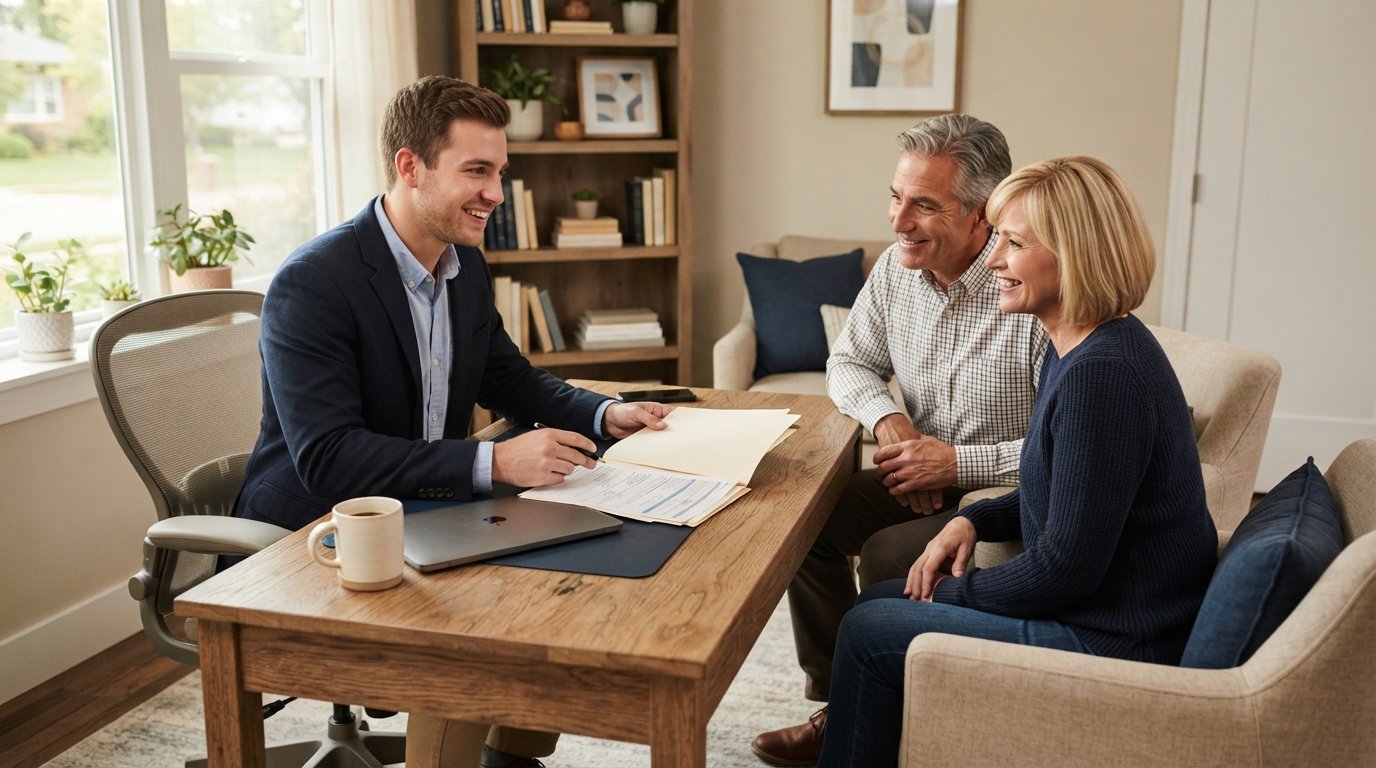 Newly licensed Medicare agent at a wooden desk with laptop and coffee mug, talking with a middle-aged couple seated in…