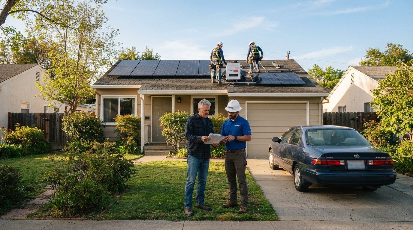 Homeowner in casual clothes reviews paperwork with a solar installer in a hard hat while workers install panels on the roof…