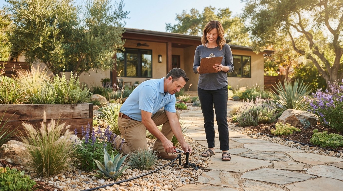 Landscaper in a light blue polo kneels to adjust a drip irrigation line while a homeowner with a clipboard looks on,…