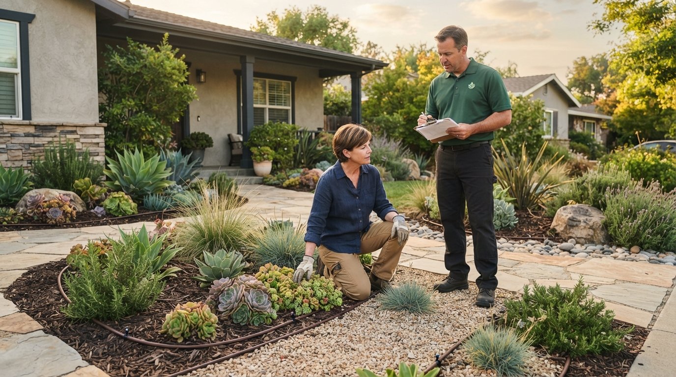 Homeowner kneeling by mulched succulent beds and stone walkway while a contractor with a clipboard stands nearby