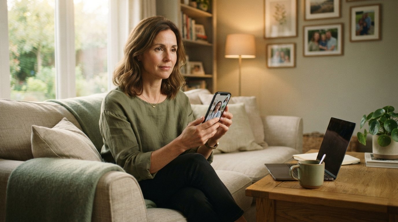 Woman in her 40s on a linen sofa holding a smartphone during a telehealth video visit, with a laptop and mug on the coffee…
