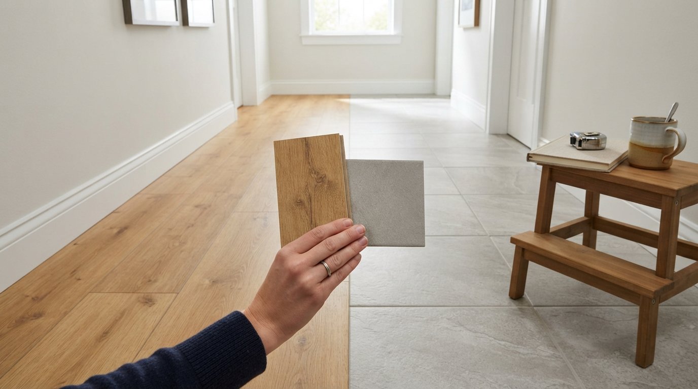 Split-view hallway floor with honey-toned wood-grain luxury vinyl plank on the left and large matte gray porcelain tile on…