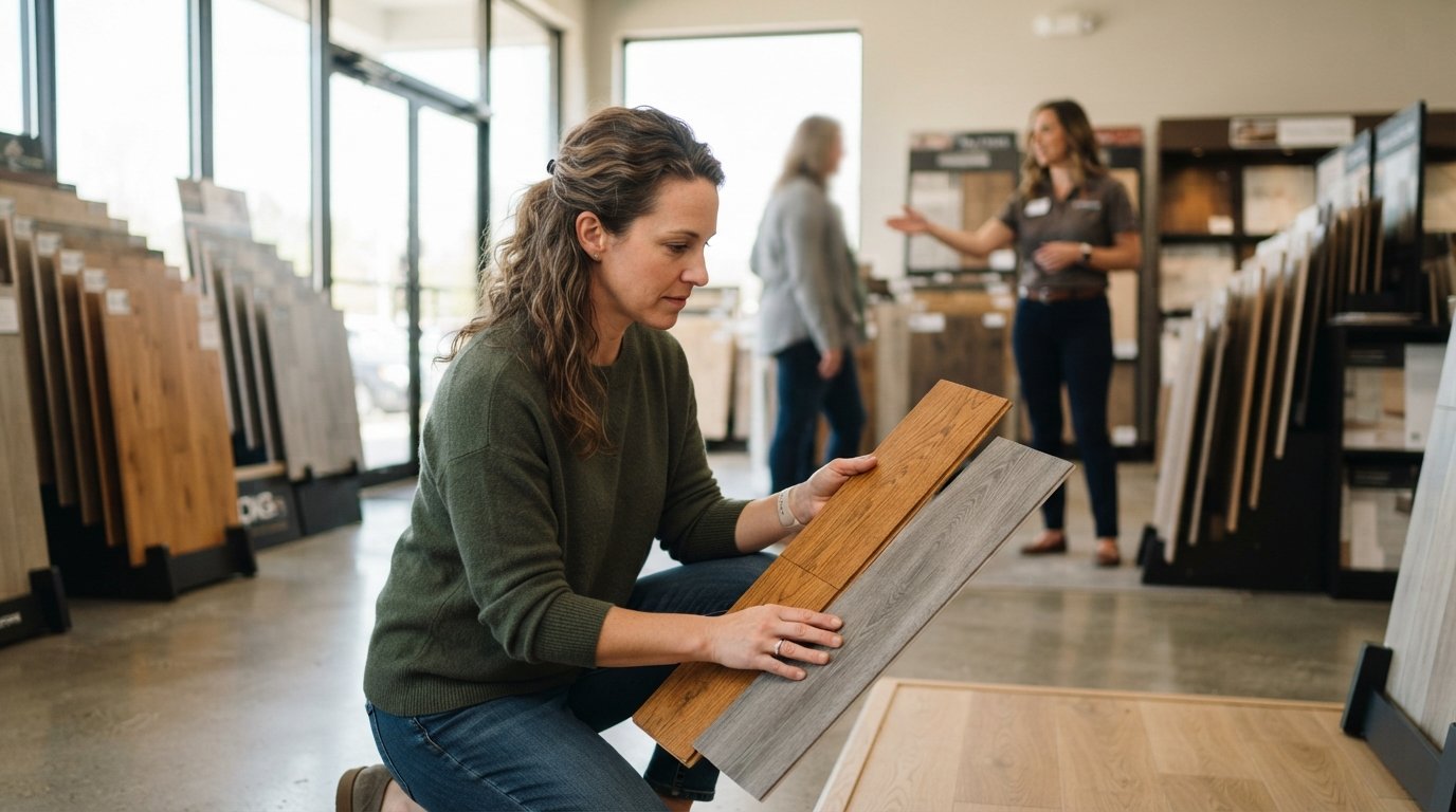 Homeowner kneeling in a bright showroom holding an oak hardwood sample in one hand and a gray wood-grain luxury vinyl plank…