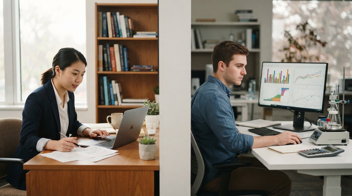 Split-screen scene: a woman in a blazer reviews printed charts and a laptop at a wooden desk; a man in a button-down shirt…