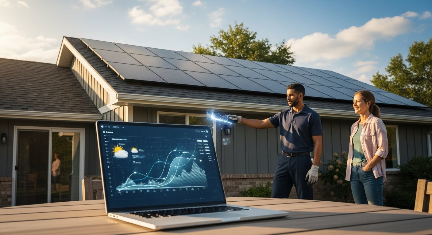 A technician in a navy polo shirt points at solar panels on a suburban home while a homeowner looks at a laptop showing…