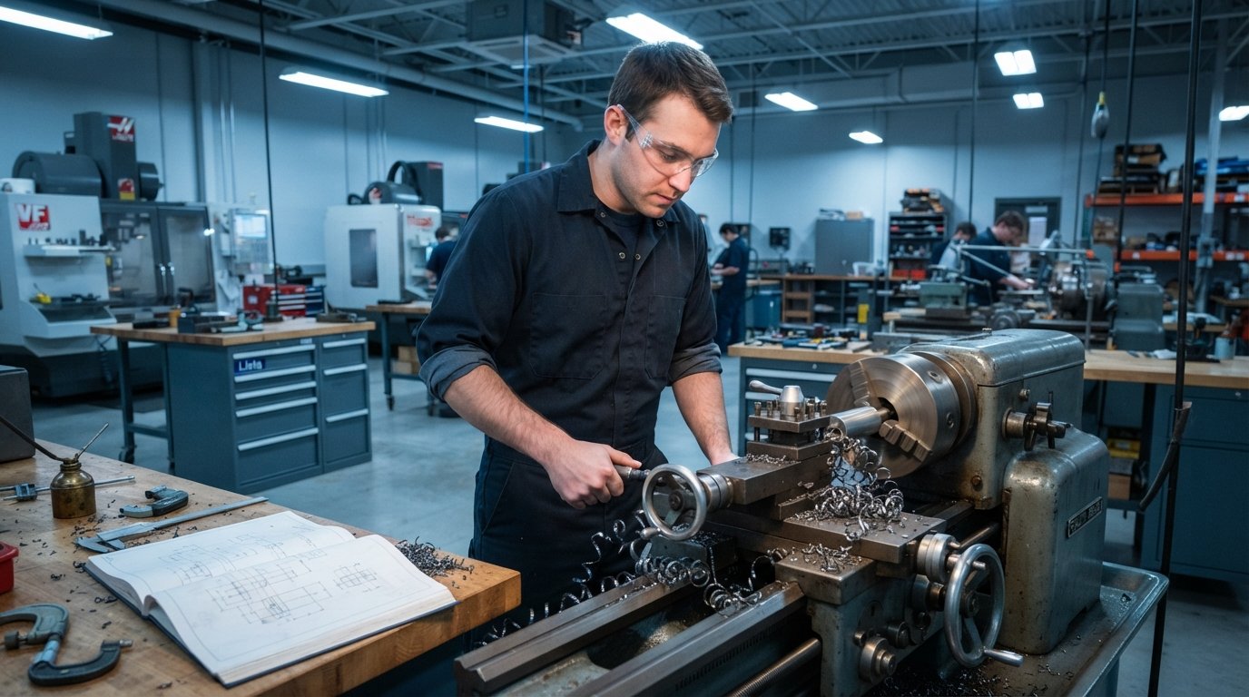 Student in safety glasses operates a manual metal lathe as metal shavings curl from the workpiece in a technical college…