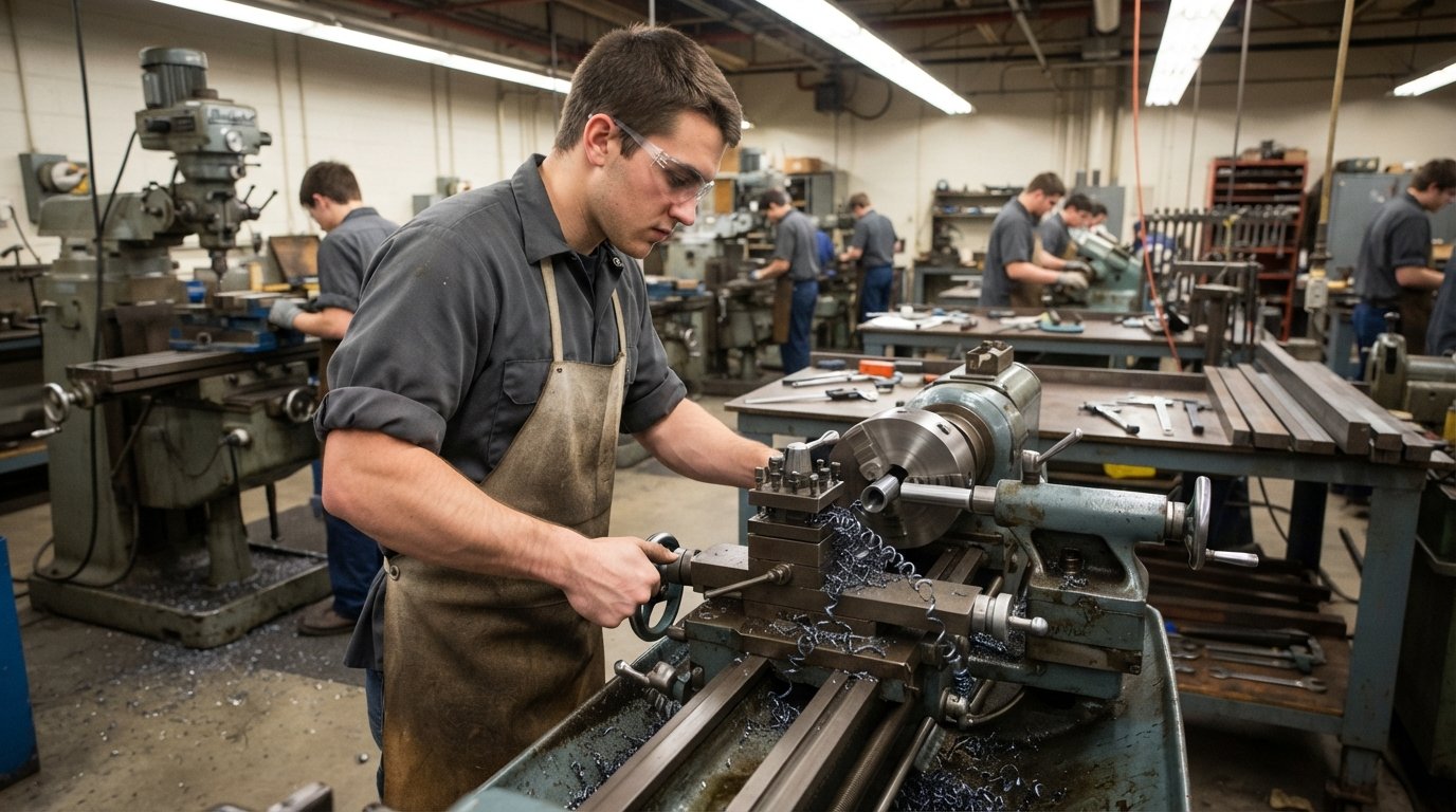 Student in safety glasses and dark work shirt operating a metal lathe, turning a cylindrical steel workpiece as metal chips…
