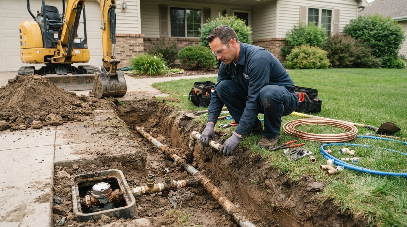 Plumber in navy uniform kneeling beside an open trench exposing a corroded main water line near a city meter, with copper…