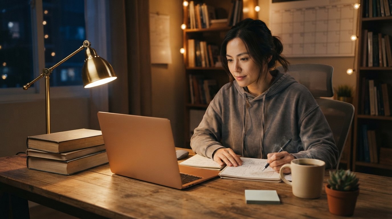Adult student in a gray hoodie studies at a wooden desk at night, with a laptop, textbooks, notebook, coffee mug, calendar,…