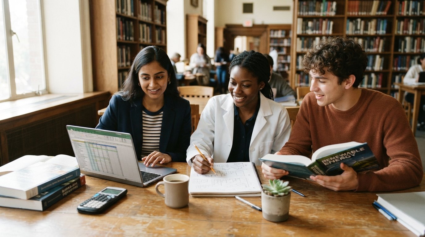 Three college students at a sunlit library table: one in a navy blazer reviews a financial spreadsheet on a laptop, another…