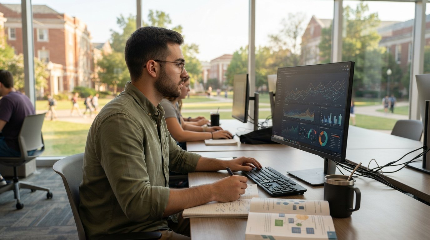 College student in a button-down shirt reviewing data dashboards on a desktop monitor in a bright campus computer lab, with…