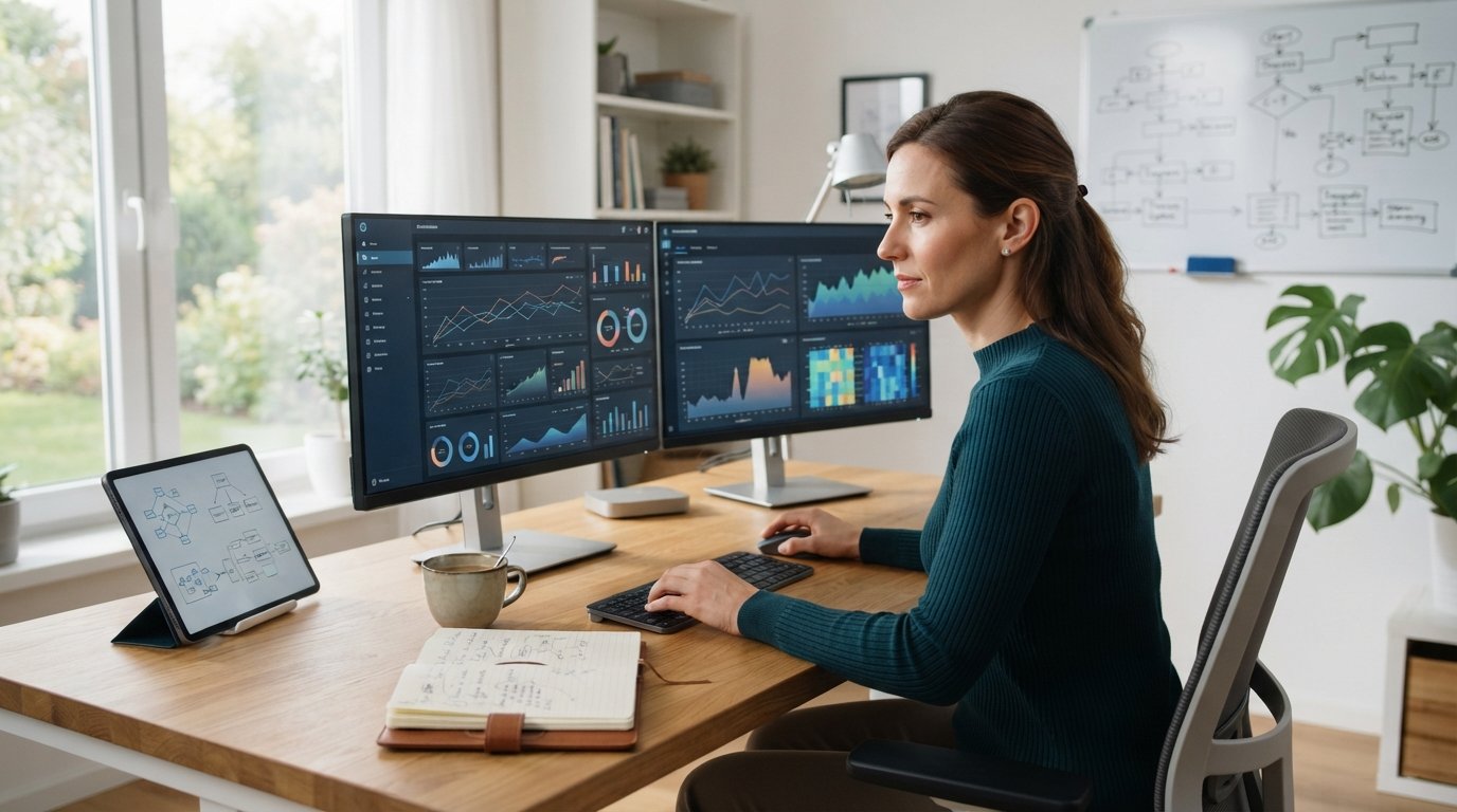 Professional woman in business casual attire reviewing analytics dashboards on dual monitors in a modern home office