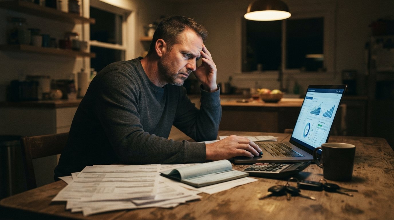 Stressed man in his 40s rubs his forehead at a kitchen table, looking at a laptop beside two stacks of auto loan paperwork,…