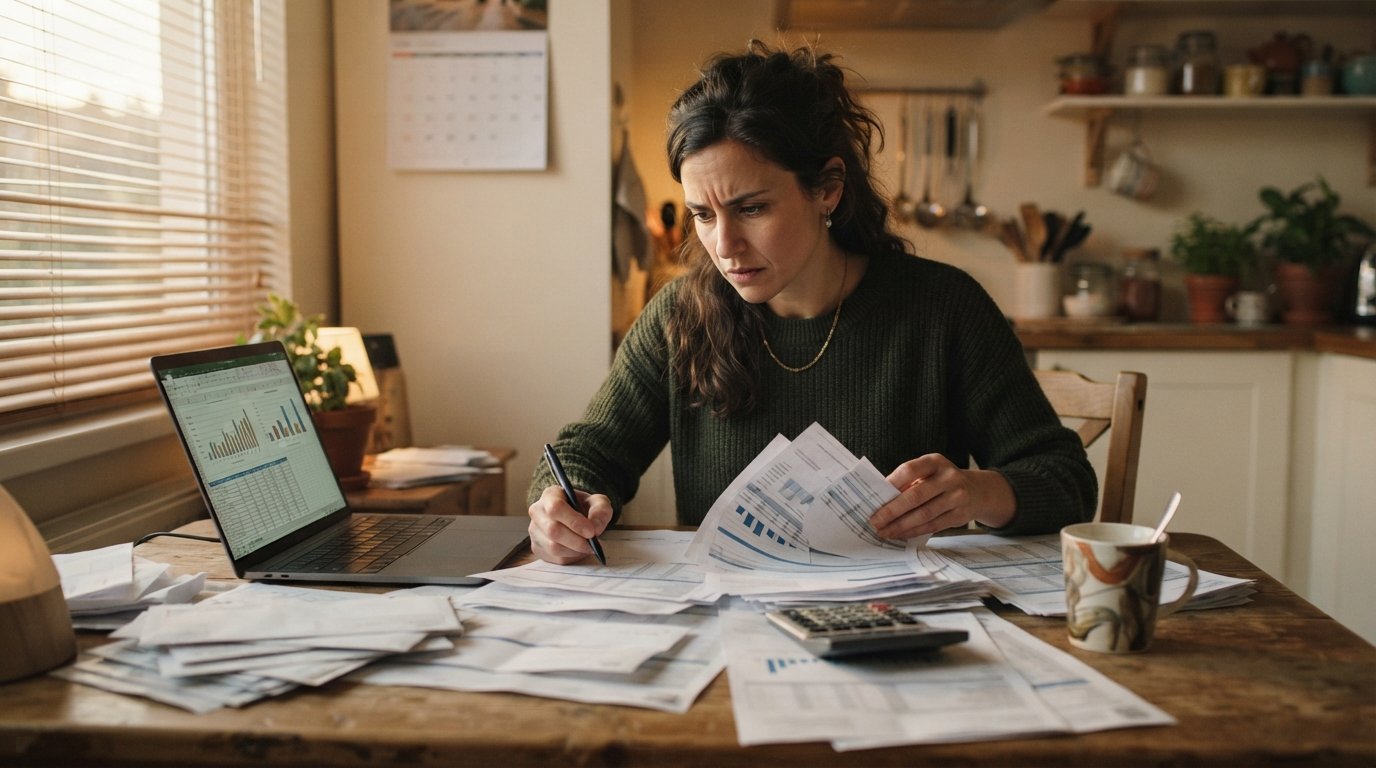 Woman at a kitchen table sorting paper loan statements beside a calculator, laptop, and coffee mug in warm evening light.