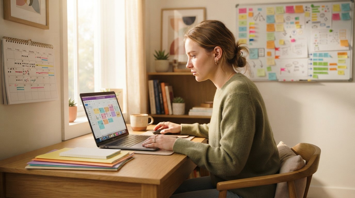 Student at a wooden desk with a laptop showing a color-coded planner, stacked folders, a marked calendar, and a sticky-note…