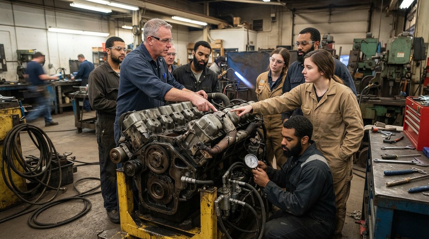 Instructor and students inspecting a marine diesel engine block in a bright industrial workshop at Central Lakes College