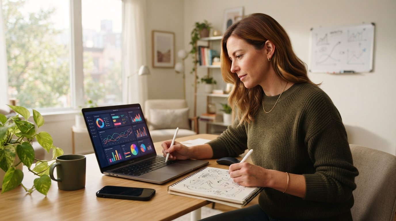 Professional in business casual attire working at a home desk with a laptop showing colorful marketing analytics charts,…