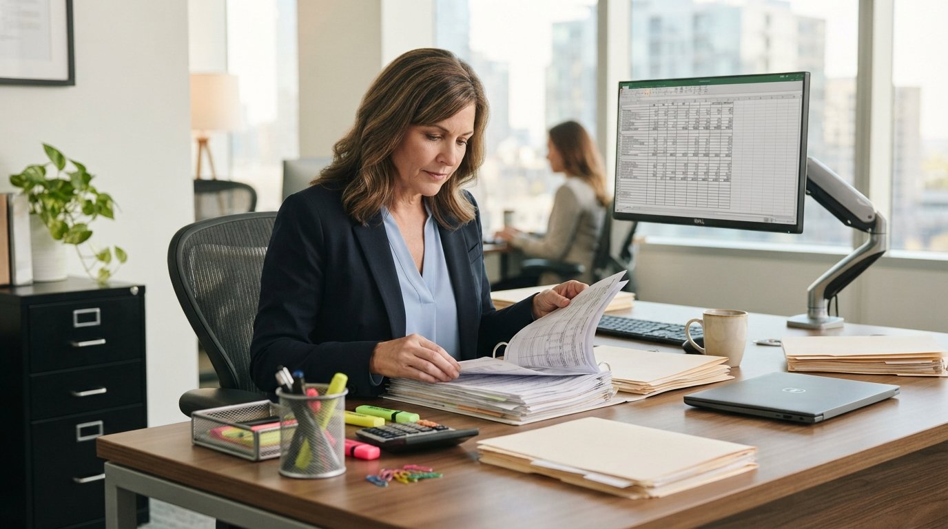 Woman in navy blazer reviewing claim documents at a desk with calculator, folders, and a spreadsheet on a monitor