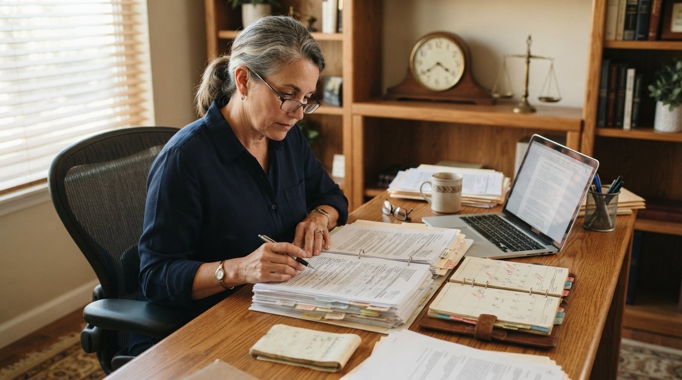 Middle-aged claimant in a navy button-down shirt reviewing legal documents and a calendar at a wooden desk with a laptop,…