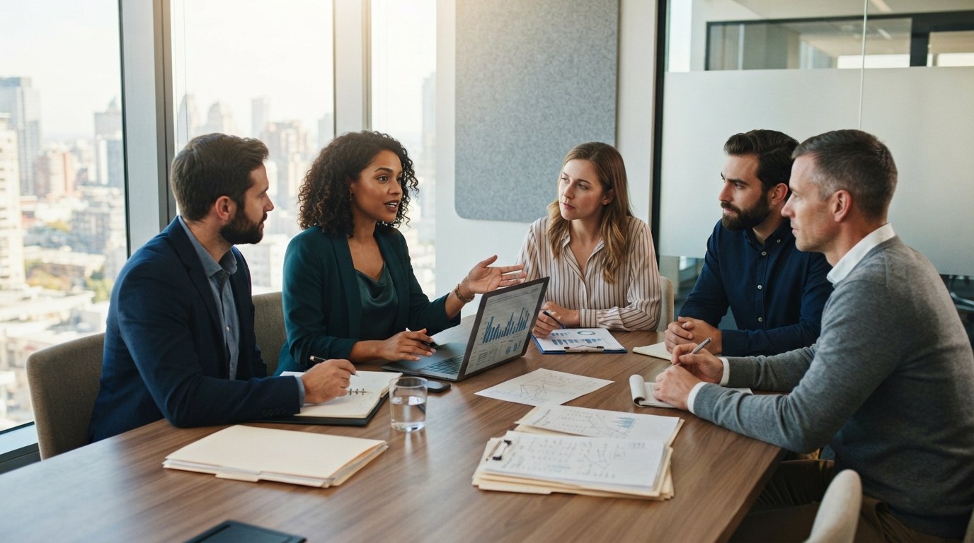 Four professionals discuss psychology case notes and a laptop with a bar graph around a wooden table in a sunlit office