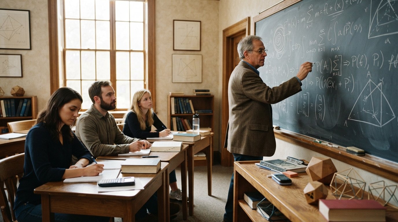 Professor in a tweed blazer writes calculus, linear algebra, and probability equations on a chalkboard while three students…