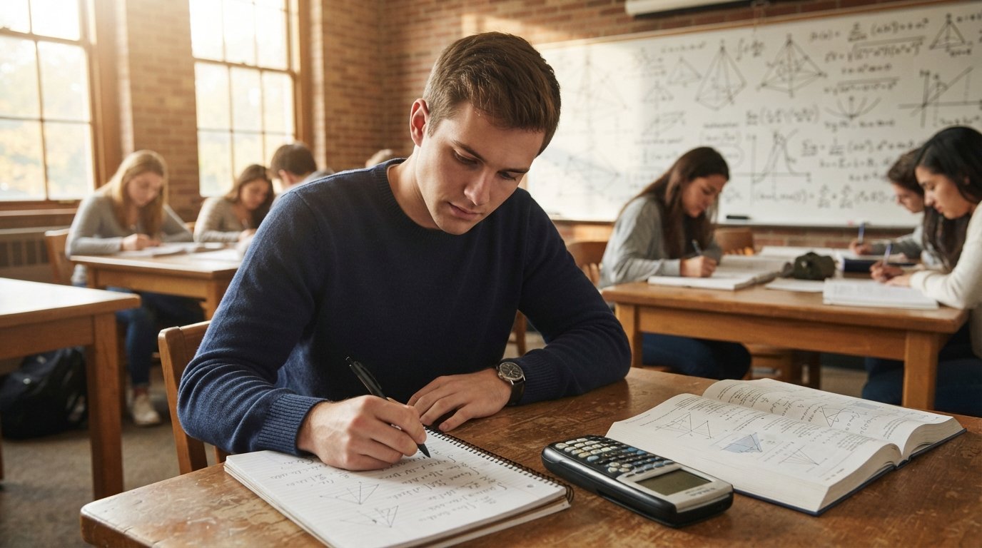 College student in a navy sweater writes equations in a notebook at a wooden desk, with a calculus textbook, graphing…