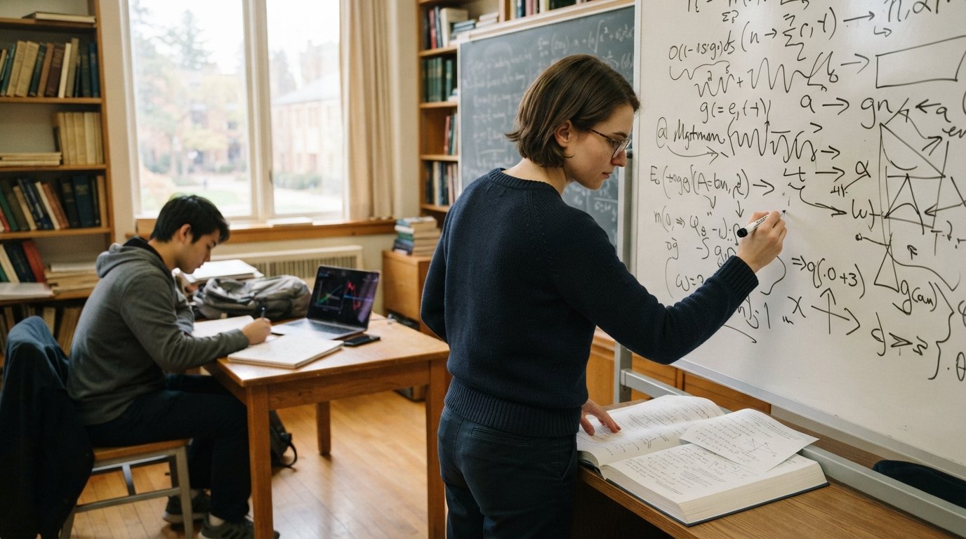 Graduate student in glasses writes equations on a whiteboard while another student takes notes at a desk in a sunlit…