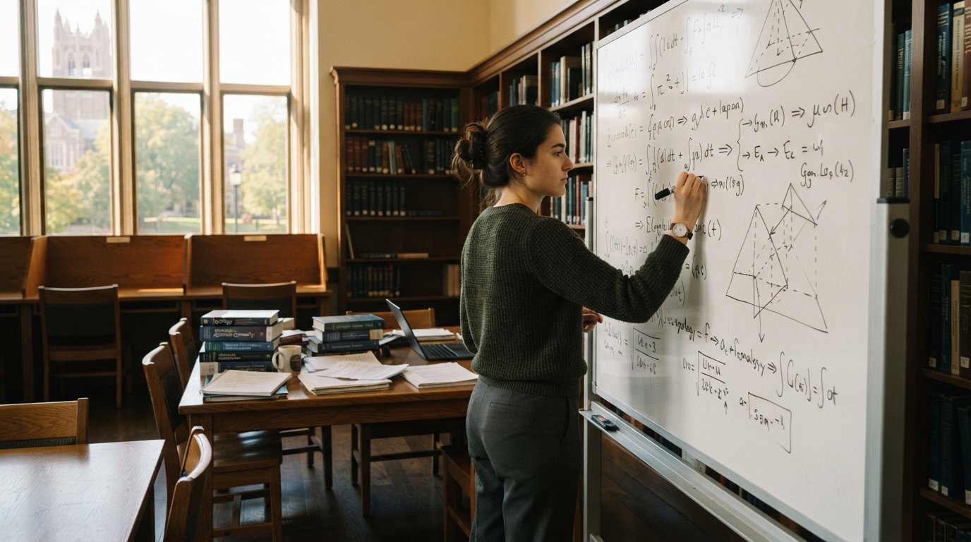Graduate student in a sweater and slacks solving equations on a whiteboard in a sunlit library with bookshelves and textbooks