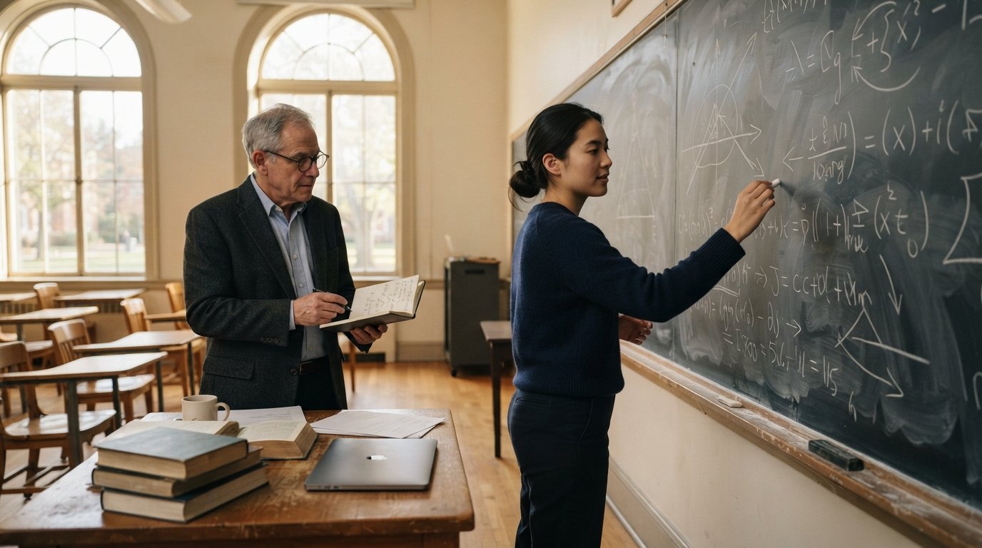 Graduate student in a navy sweater writes equations on a chalkboard while a faculty mentor reviews a notebook in a sunlit…
