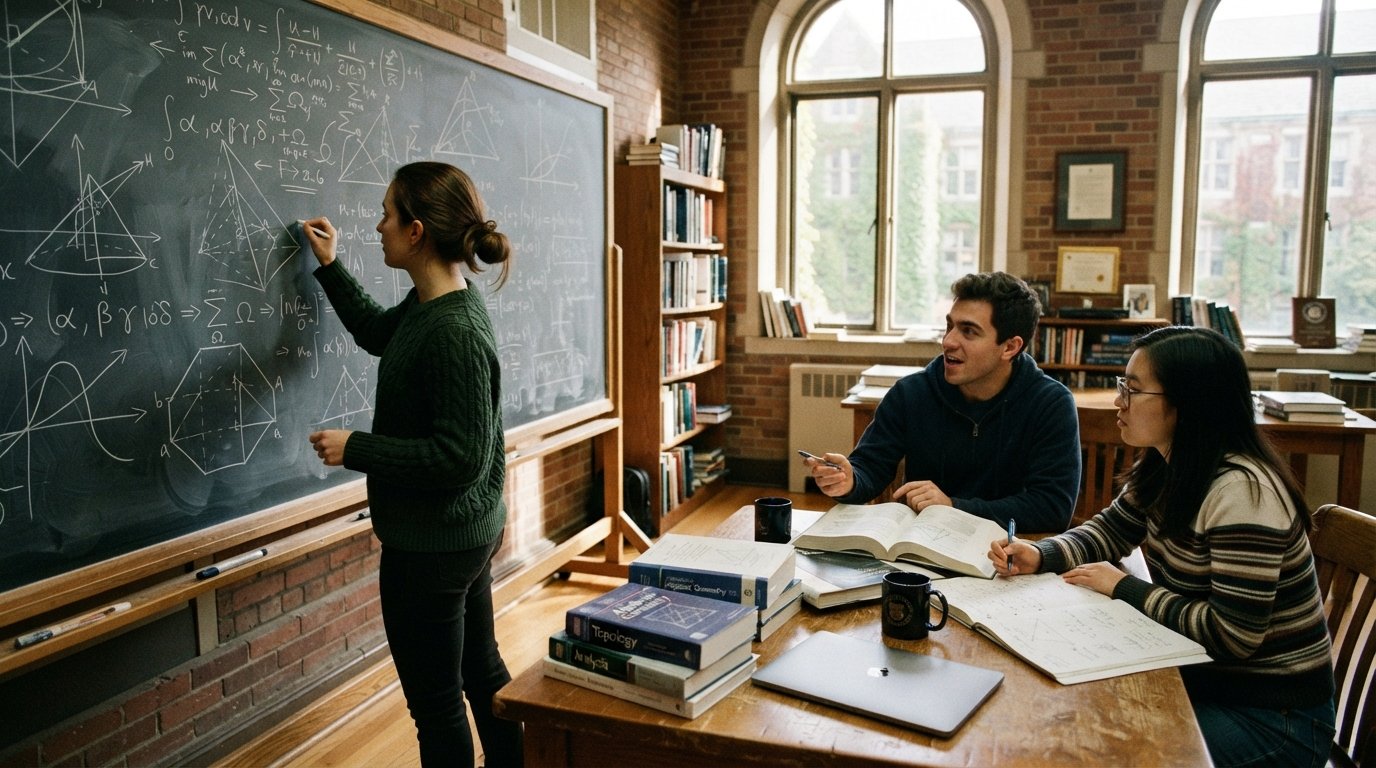 Graduate students collaborate at a chalkboard covered in equations and geometric diagrams in a bright seminar room with…