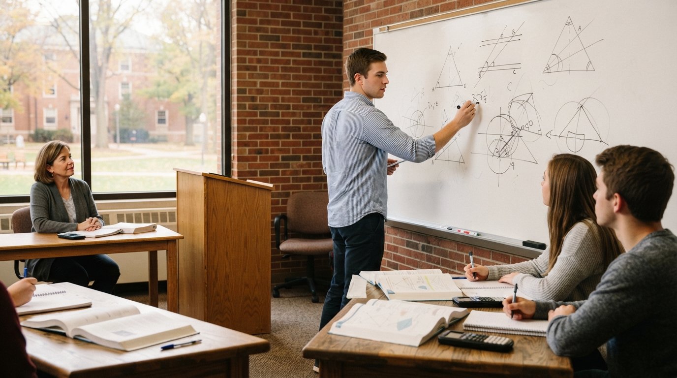 College student writing a geometric proof on a whiteboard while peers watch from wooden desks in a sunlit brick-walled…