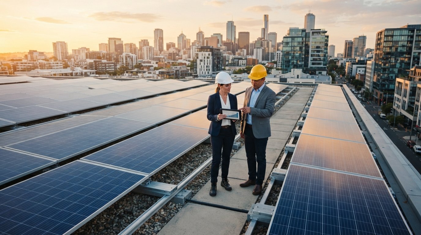 Two professionals in hard hats reviewing a tablet beside a rooftop solar array with a city skyline at golden hour