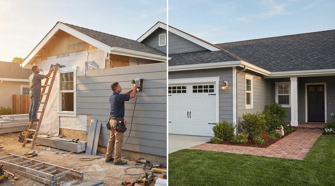 Split view of a suburban home mid-renovation with contractors installing gray lap siding and white trim, beside the…