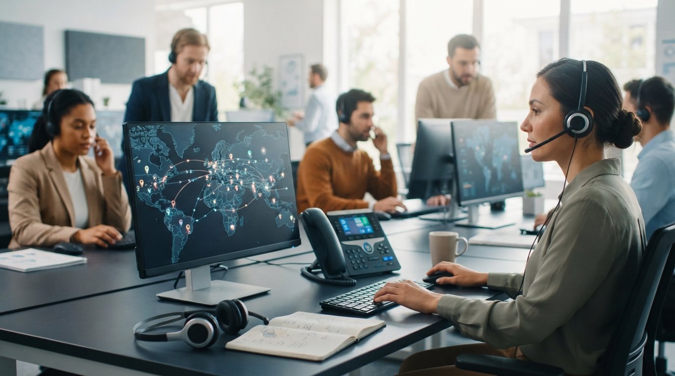 Headset on desk beside monitor showing a map with location pins and routing paths, desk phone, and agents working in a…