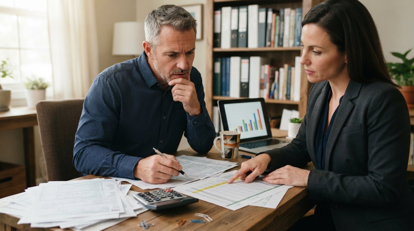Attorney in a dark blazer points at a spreadsheet while a seated man reviews tax forms and a calculator at a wooden desk in…