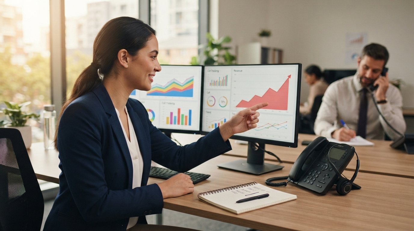 Marketing analyst in a navy blazer points at a rising revenue graph on a dual-monitor setup while a colleague takes notes…