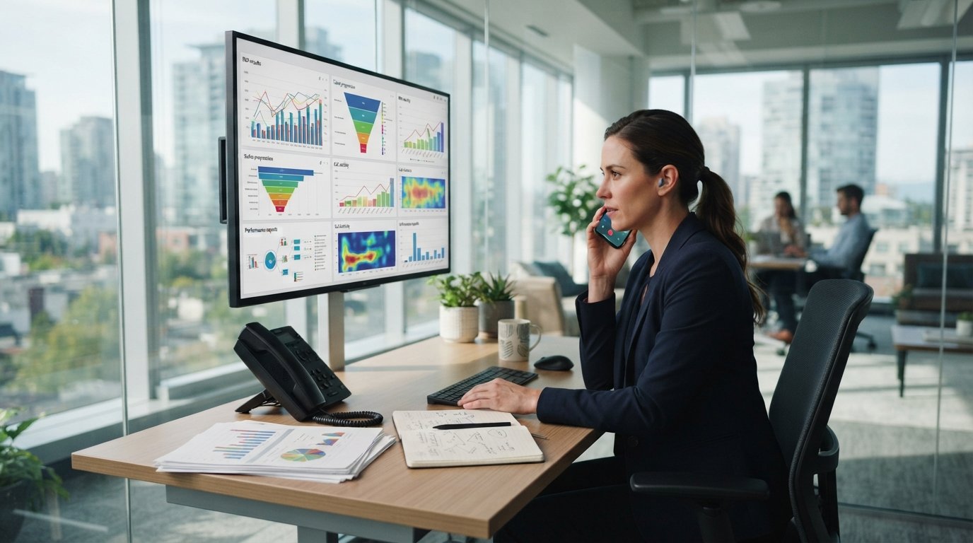 Marketing analyst at a desk reviewing ROI charts, funnel graphs, and call tracking dashboards on a large monitor, with a…