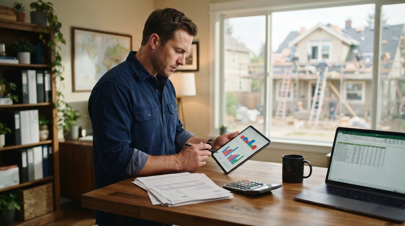 Contractor in a navy work shirt reviews colorful bar graphs on a tablet beside a calculator, paper invoices, and a laptop…