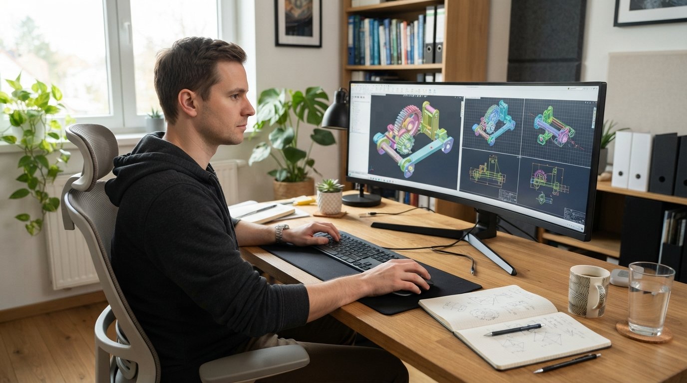 Adult student at a home desk using CAD software with 3D wireframe models on a large monitor, notebook sketches beside the…