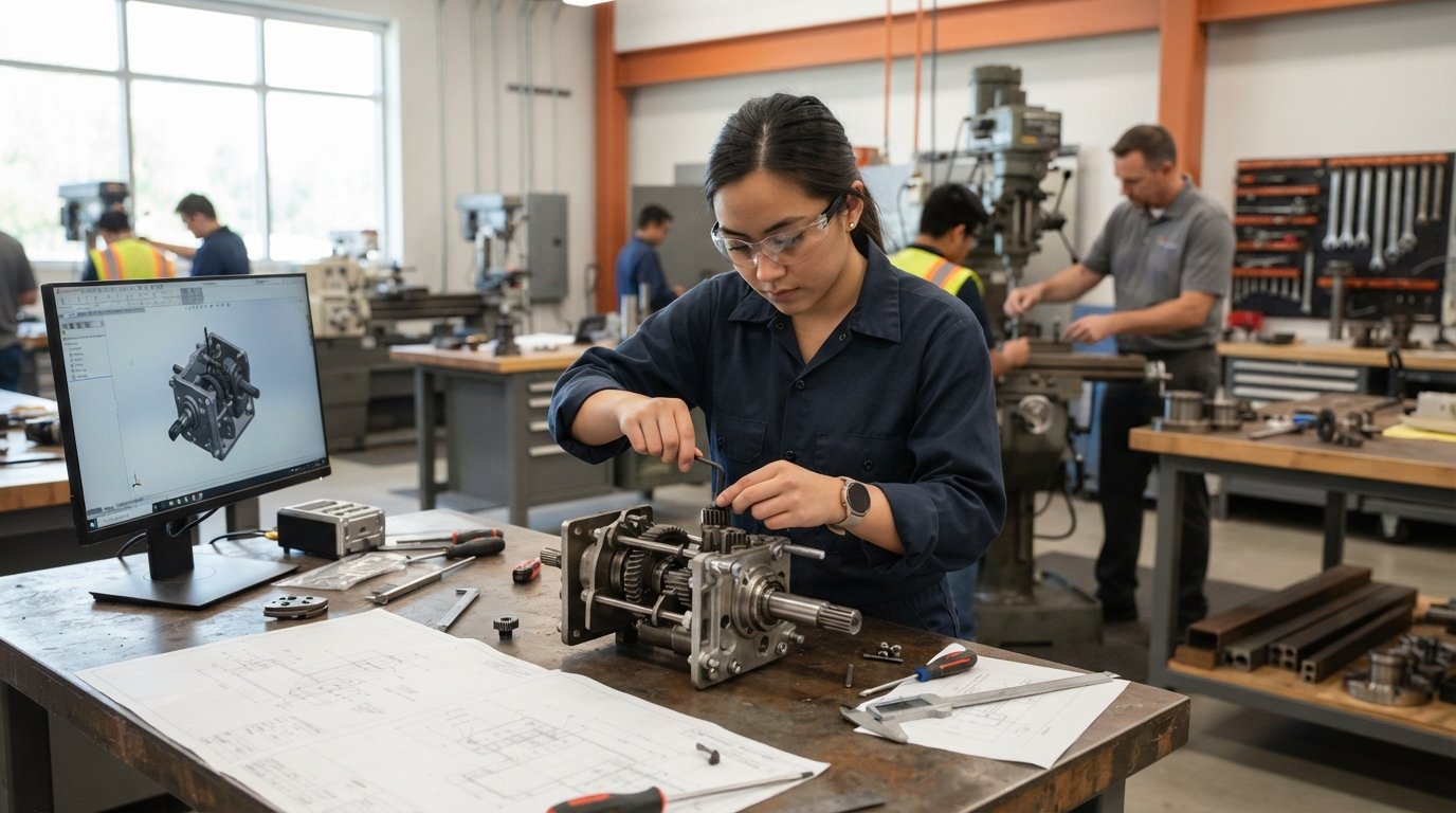 Student in safety glasses adjusts a metal component in an open mechanical assembly on a steel workbench, with blueprints…